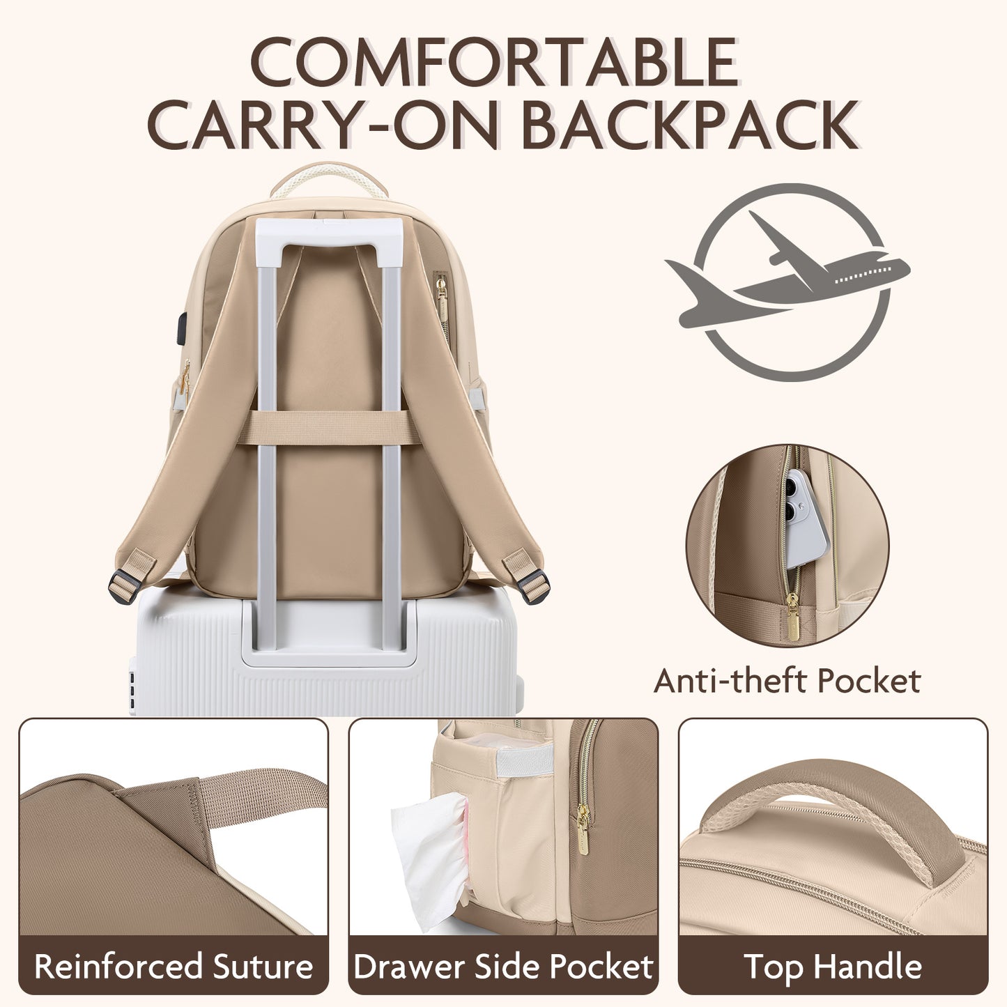 VNINE Laptop-Rucksack für Damen, 15,6-Zoll-Rucksack, Geldbörse, Reiserucksack mit USB-Ladeanschluss, wasserdichte Computertaschen, Arbeit, Business, Lehrer, Geschenk, Beige…