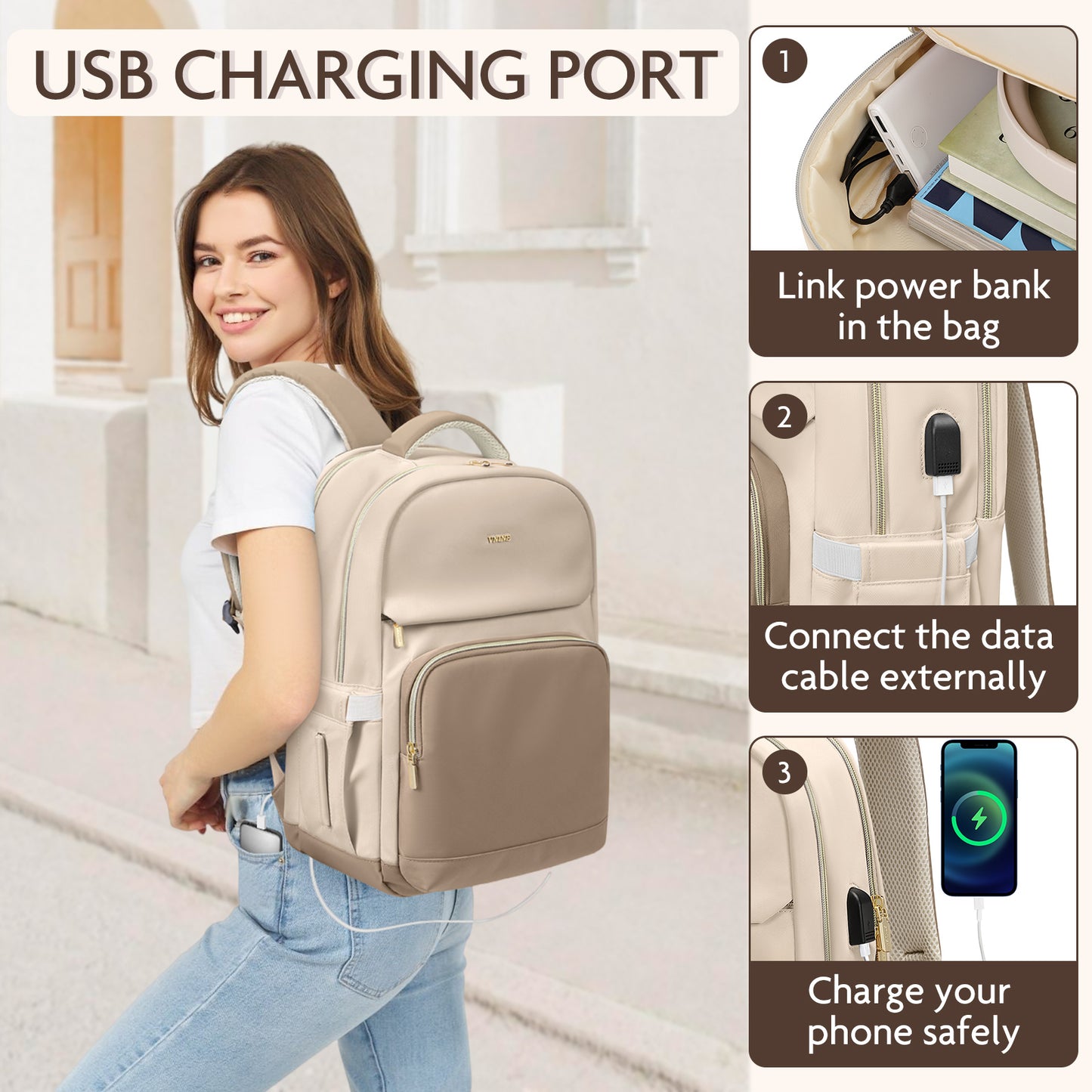 VNINE Laptop-Rucksack für Damen, 15,6-Zoll-Rucksack, Geldbörse, Reiserucksack mit USB-Ladeanschluss, wasserdichte Computertaschen, Arbeit, Business, Lehrer, Geschenk, Beige…