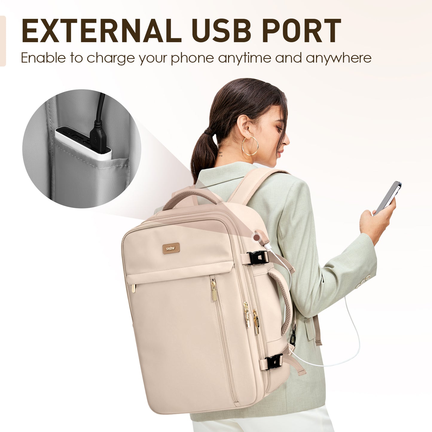 VNINE Travel Backpack for Women Men: 40L Expandable Carry on Backpack for Airplanes with 3 Packing Cubes and USB Charging Port Large Traveling Bookbag 17" Laptop Suitcase Bag Beige