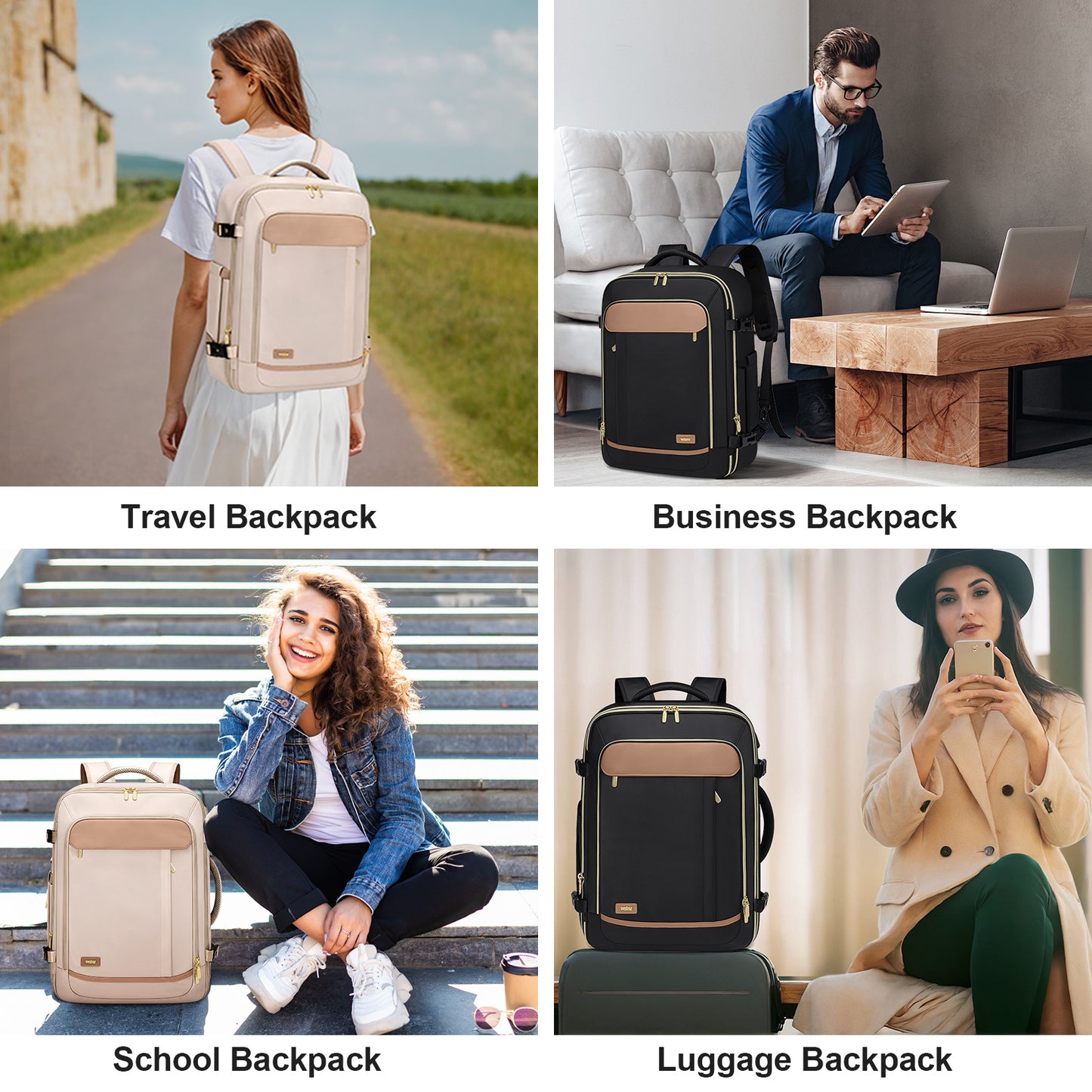 VNINE Travel Backpack for Women Men: 40L Large Carry On Backpack Flight Approved with 3 Packing Cubes Expandable Personal Item Travel Bag with USB Charging Port Fits 17" Laptop Essentials Beige
