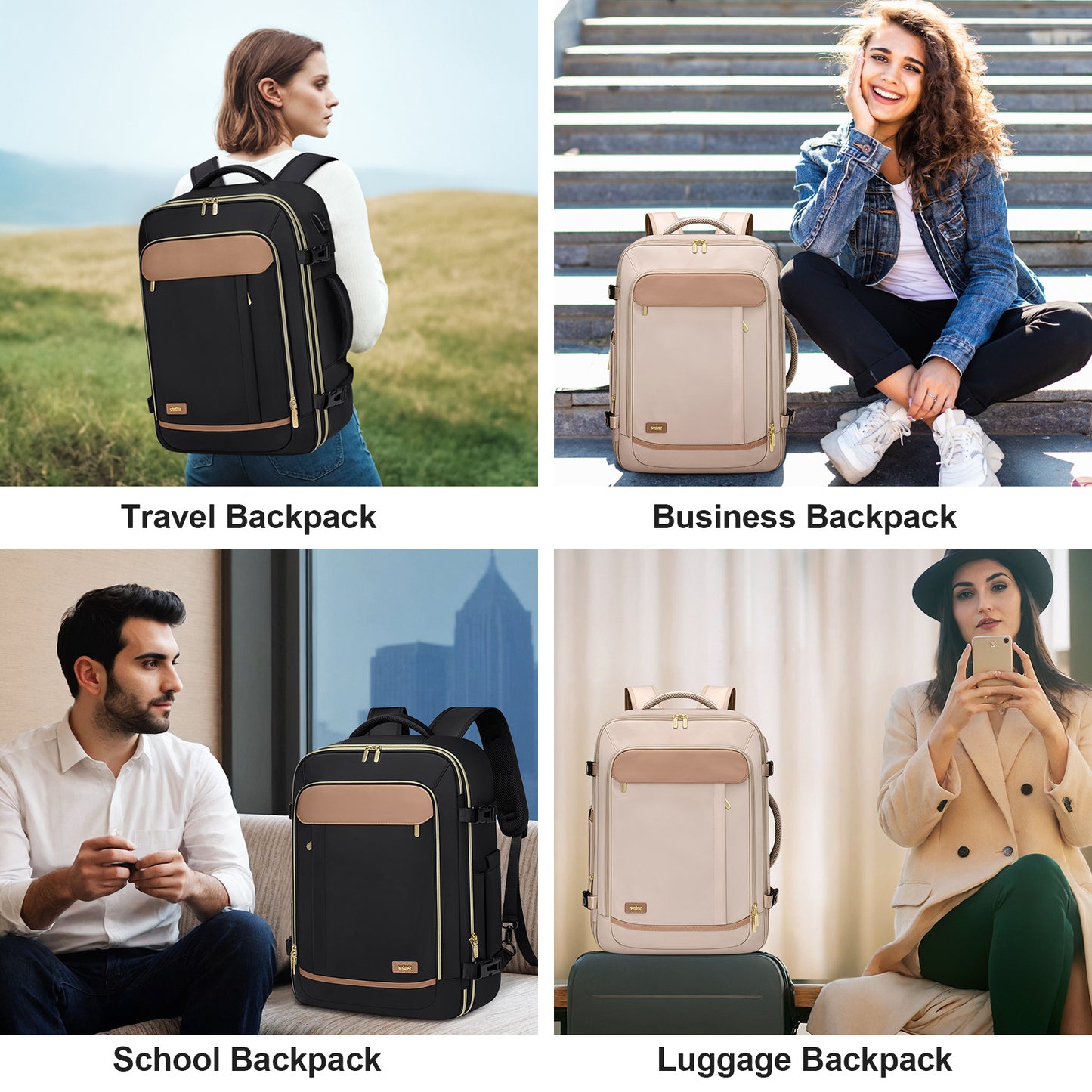 VNINE Travel Backpack for Women Men: 40L Large Carry On Backpack Flight Approved with 3 Packing Cubes Expandable Personal Item Travel Bag with USB Charging Port Fits 17" Laptop Travel Essentials Black