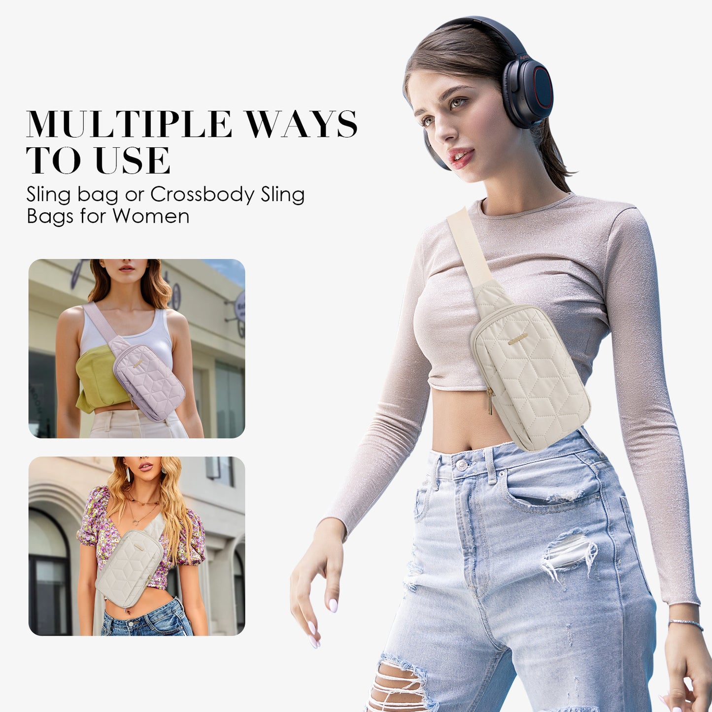 VNINE Small Sling Bag for Women: Crossbody Bags Trendy Fanny Packs Chest Bag with Adjustable Strap Lightweight Cross Body Purse for Dating Travel Work (Beige)