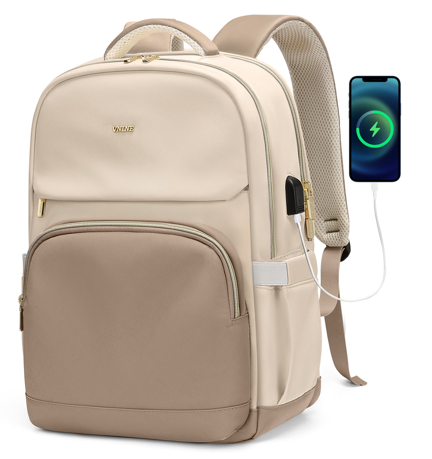 VNINE Laptop-Rucksack für Damen, 15,6-Zoll-Rucksack, Geldbörse, Reiserucksack mit USB-Ladeanschluss, wasserdichte Computertaschen, Arbeit, Business, Lehrer, Geschenk, Beige…