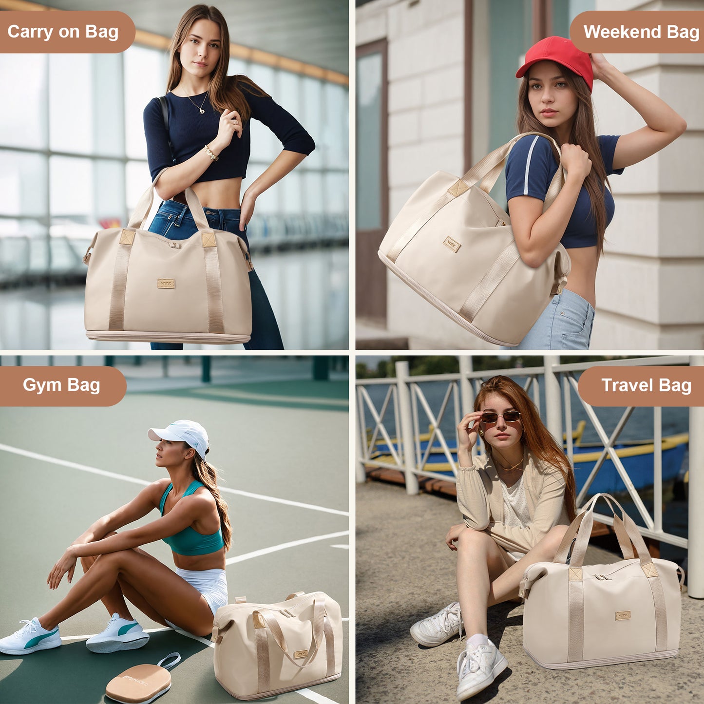 VNINE Travel Duffel Bags for Women Men: Expandable Duffle Bag Beige Large Weekender Overnight Bag Foldable Sport Gym Bag Hospital Bag for Women Labor Delivery Carry on Tote Bags for Airplanes