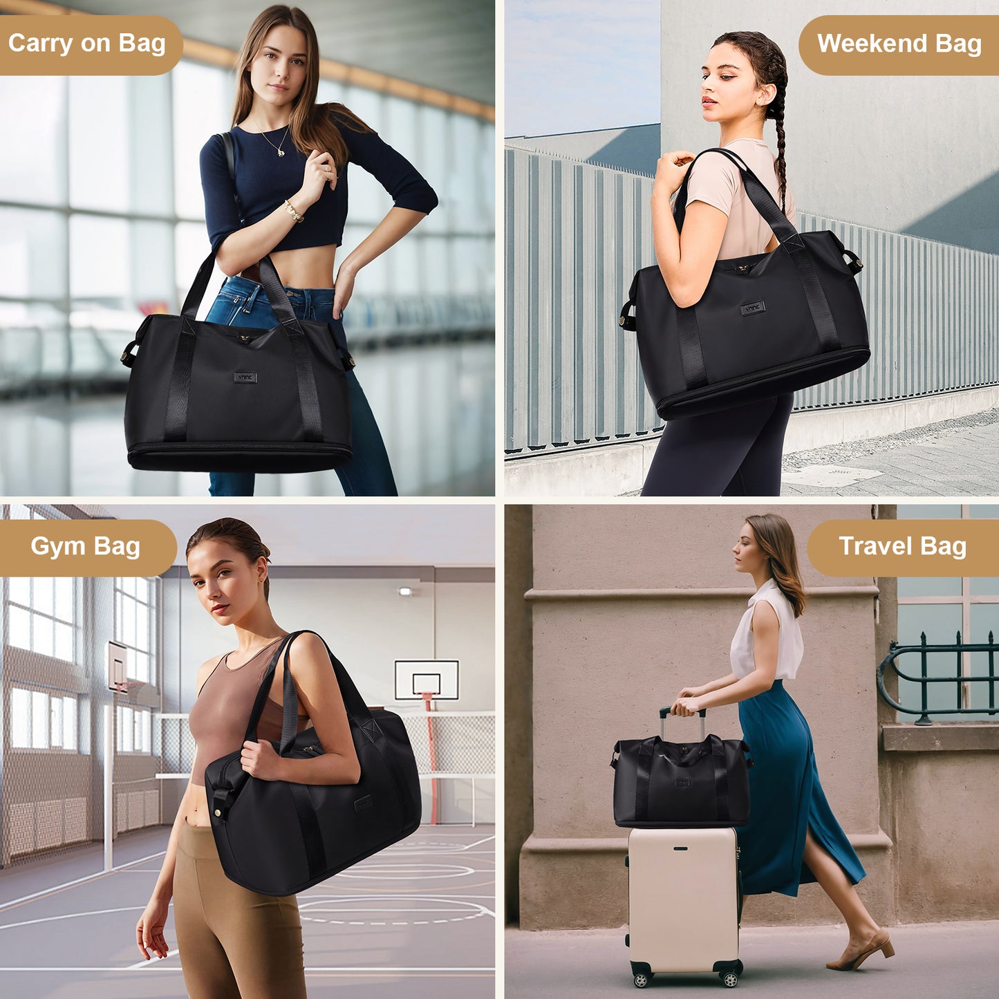 VNINE Travel Duffel Bags for Women Men: Expandable Duffle Bag Black Large Weekender Overnight Bag Foldable Sport Gym Bag Hospital Bag for Women Labor Delivery Carry on Tote Bags for Airplanes