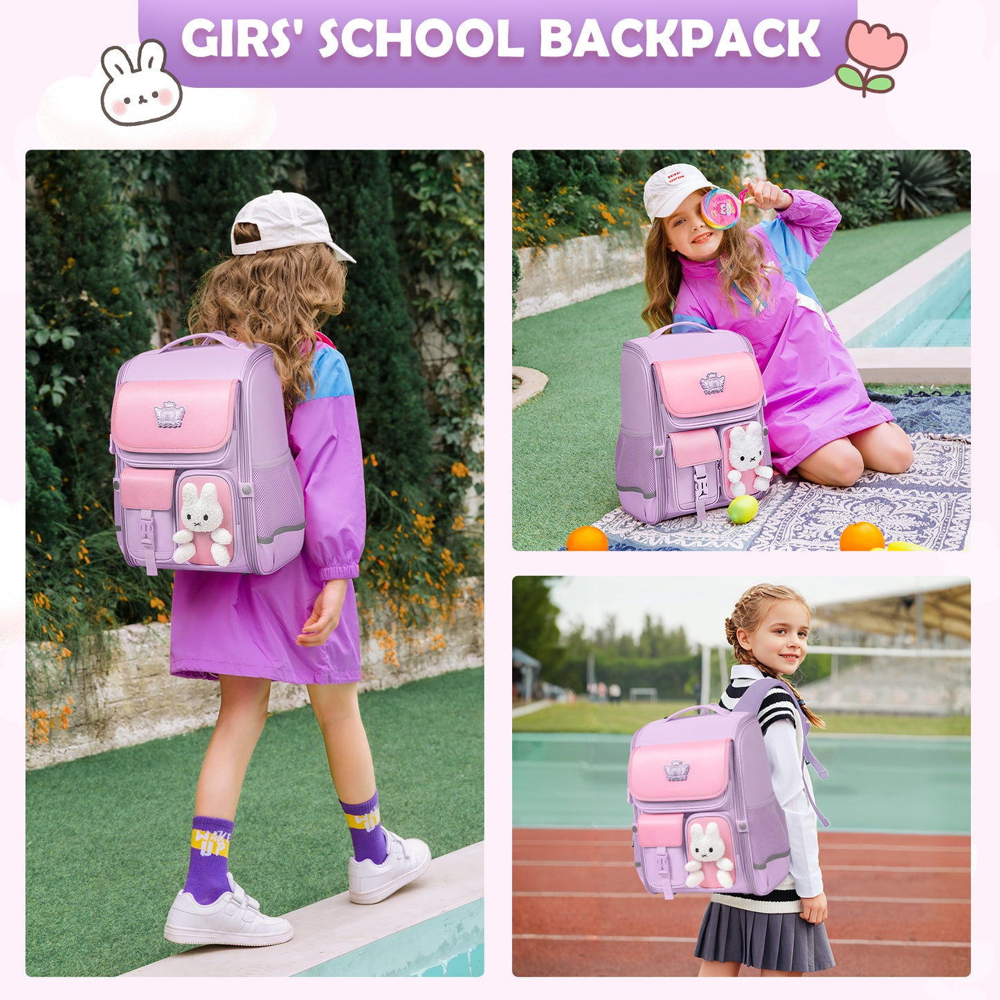 VNINE Kids Backpack for Girls: School Backpack for Elementary Primary Kawaii Pink Girls Backpack Large Capacity Bookbag Kids Travel Backpack Waterproof School Bag for Aged 6-12
