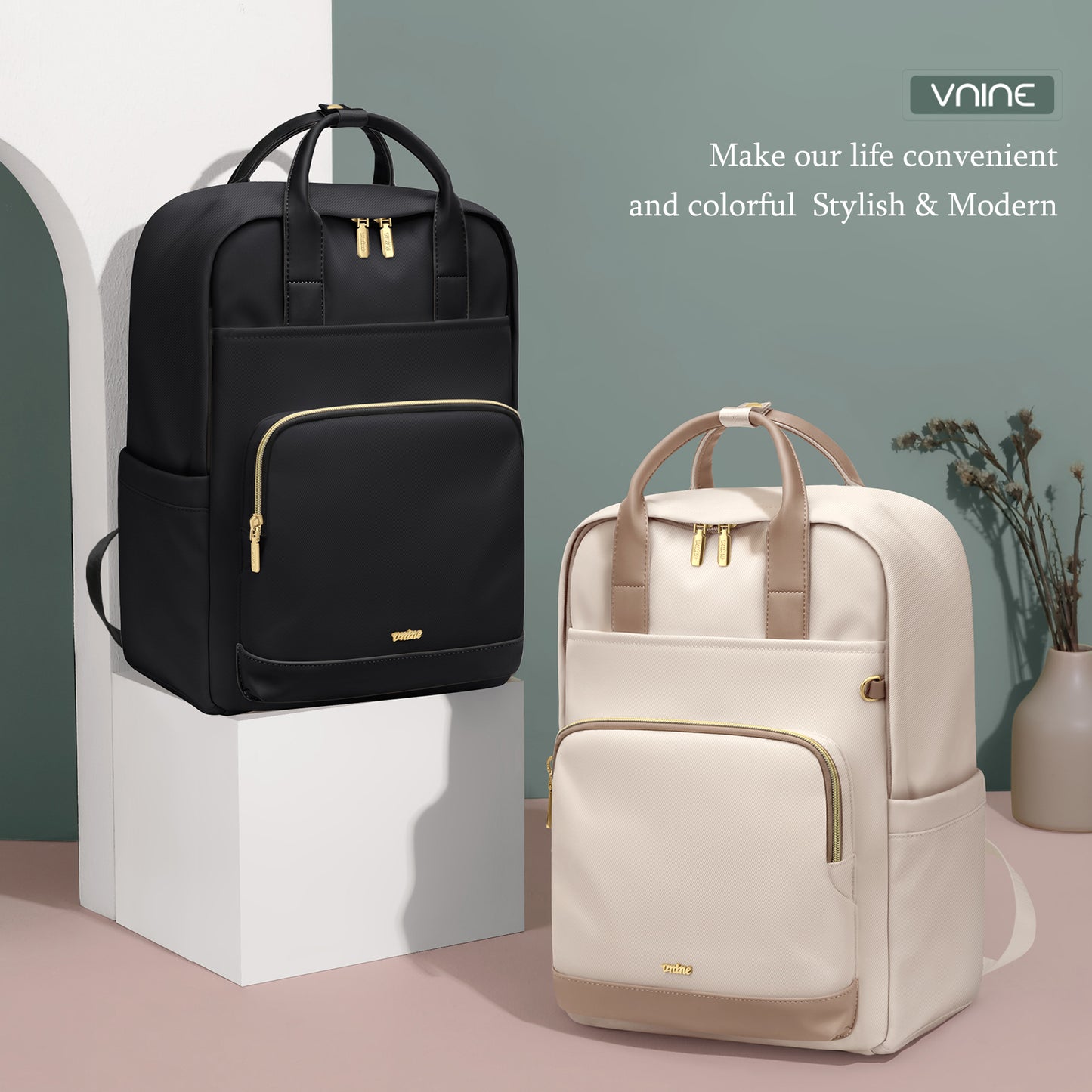 VNINE Laptop Backpack for Women Work: 15.6 Inch Computer Backpacks Purse Large Capacity Carry on Bookbag Waterproof Lightweight Daypack Bag for College Nurse Teacher Travel Beige