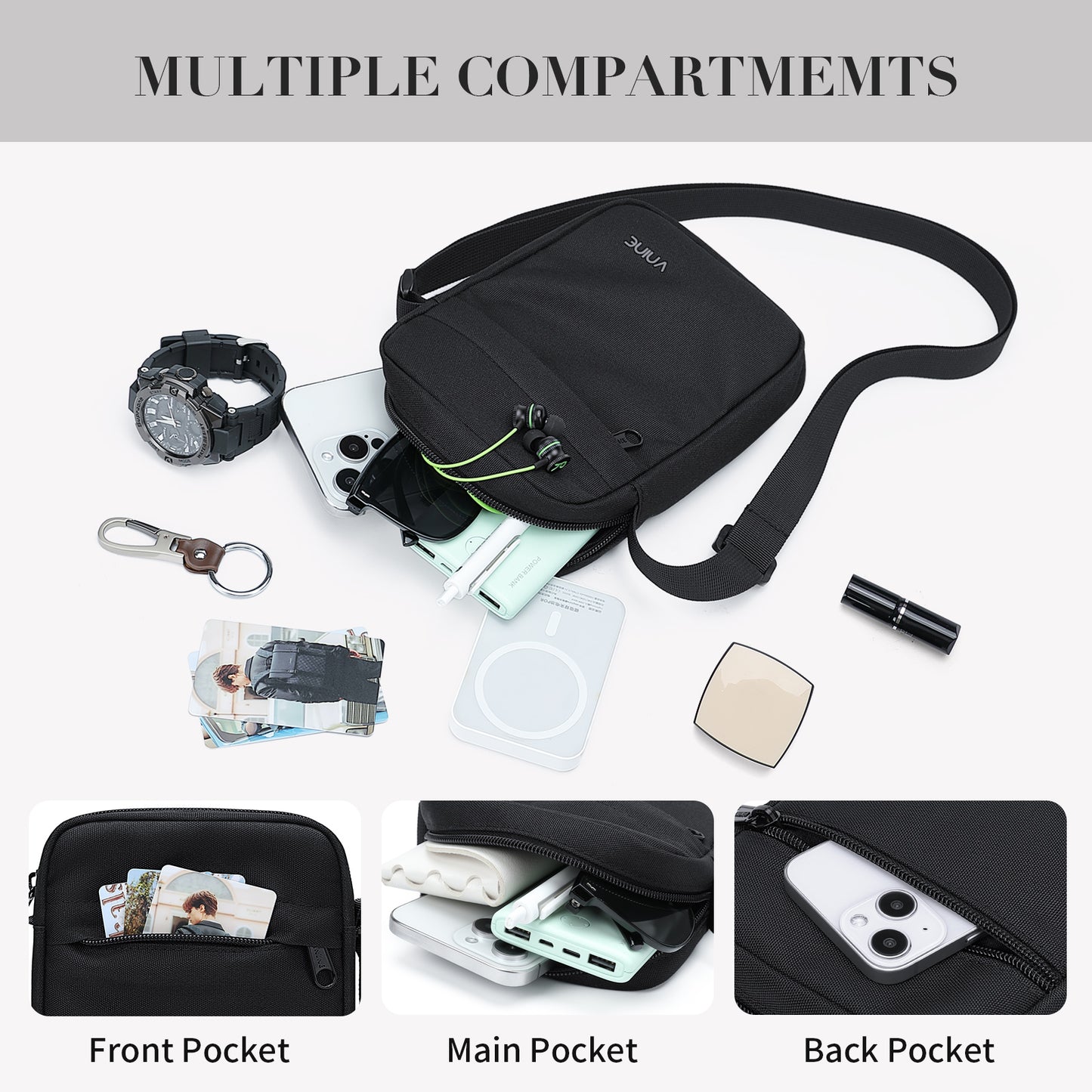 VNINE Crossbody Bags for Women Men: Small Sling Bag with Adjustable Strap Compact Messenger Bag for Everyday Use Mini Shoulder Bag Black Side Bag