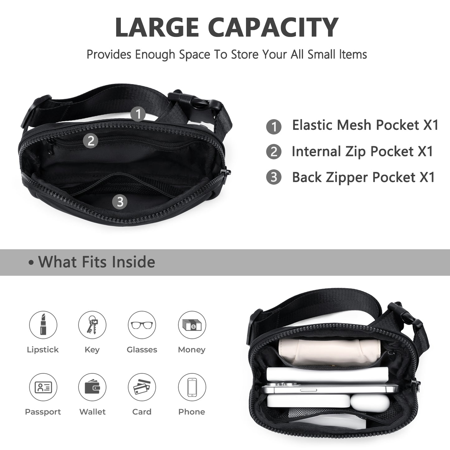 VNINE Belt Bag for Women Men: Fashionable Crossbody Fanny Pack Everywhere Waist Packs with Adjustable Strap Lightweight Bum Bag for Running Hiking Travel Workout(Black)