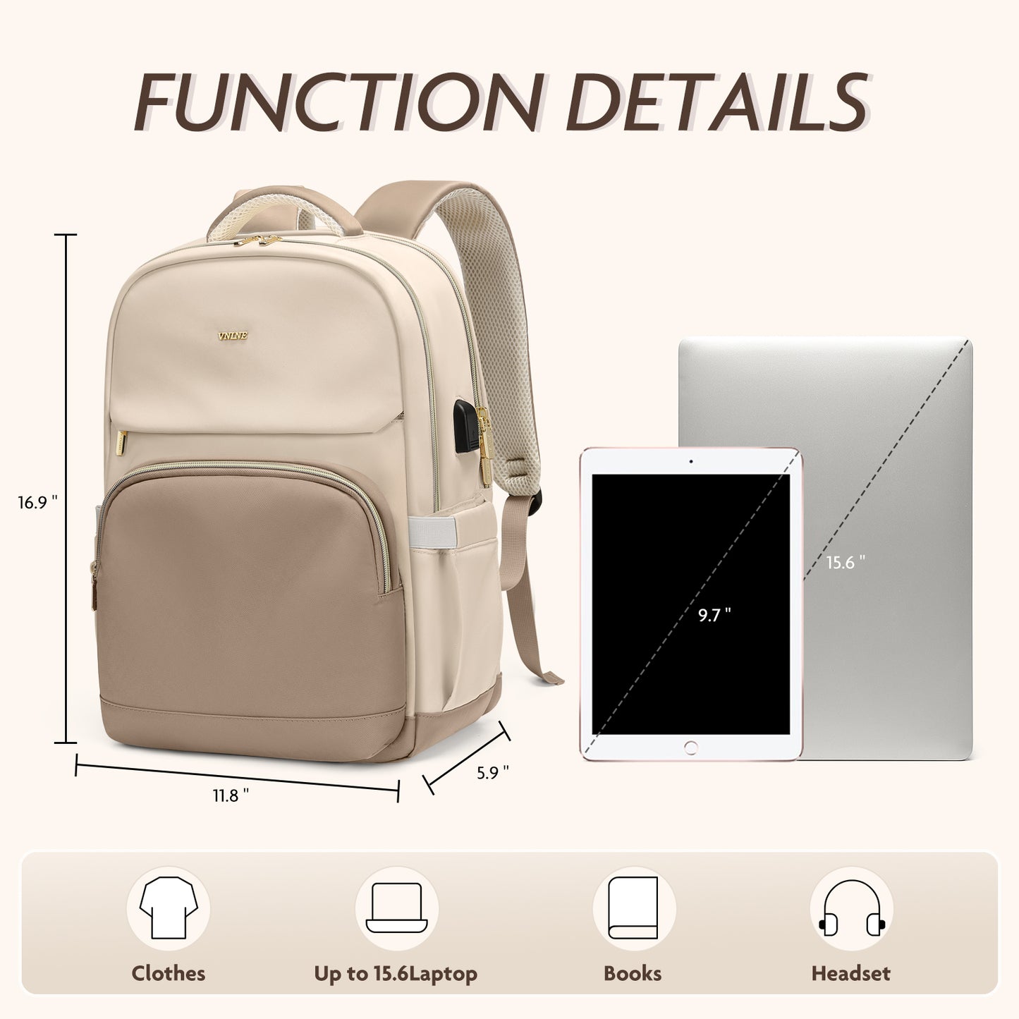 VNINE Laptop-Rucksack für Damen, 15,6-Zoll-Rucksack, Geldbörse, Reiserucksack mit USB-Ladeanschluss, wasserdichte Computertaschen, Arbeit, Business, Lehrer, Geschenk, Beige…