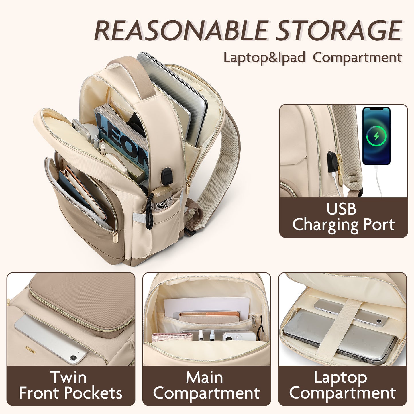 VNINE Laptop-Rucksack für Damen, 15,6-Zoll-Rucksack, Geldbörse, Reiserucksack mit USB-Ladeanschluss, wasserdichte Computertaschen, Arbeit, Business, Lehrer, Geschenk, Beige…